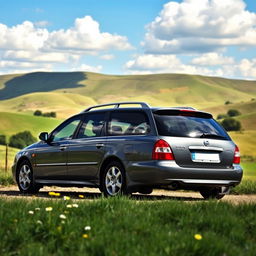 A sleek grey 2003 Nissan Primera wagon parked in a scenic countryside setting, showcasing its spacious and stylish design