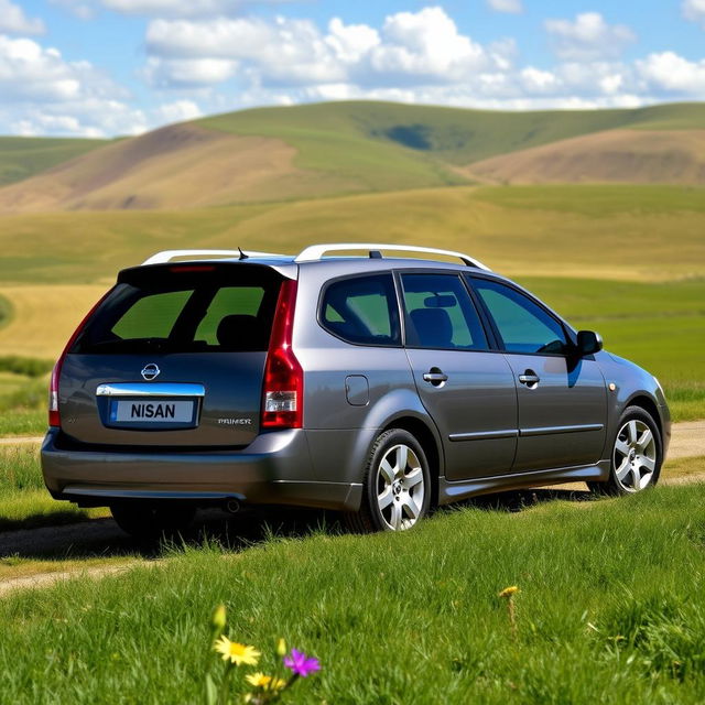 A sleek grey 2003 Nissan Primera wagon parked in a scenic countryside setting, showcasing its spacious and stylish design