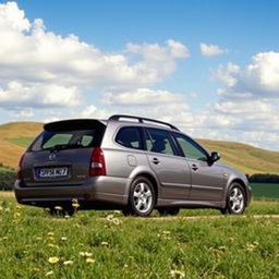 A sleek grey 2003 Nissan Primera wagon parked in a scenic countryside setting, showcasing its spacious and stylish design