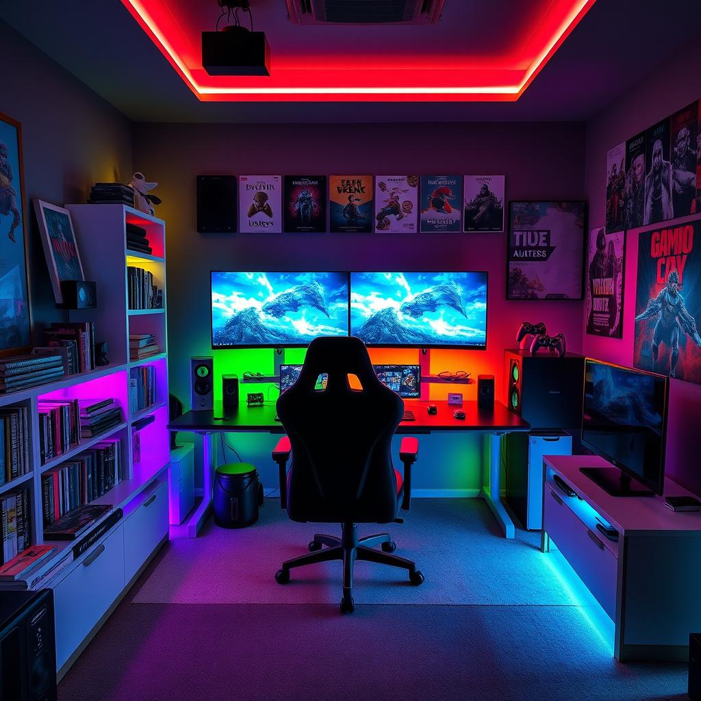 A vibrant and immersive gamer room combined with a study space, featuring a large gaming desk adorned with dual high-resolution monitors displaying dynamic game graphics, colorful LED lighting illuminating the room in various hues, a comfortable gaming chair with ergonomic design, shelves filled with video game collectibles and novels, a stylish gaming console on a sleek entertainment unit, and posters of popular games on the walls