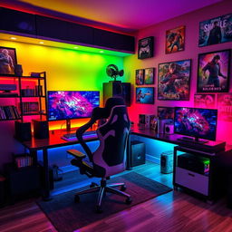 A vibrant and immersive gamer room combined with a study space, featuring a large gaming desk adorned with dual high-resolution monitors displaying dynamic game graphics, colorful LED lighting illuminating the room in various hues, a comfortable gaming chair with ergonomic design, shelves filled with video game collectibles and novels, a stylish gaming console on a sleek entertainment unit, and posters of popular games on the walls