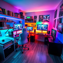 A vibrant and immersive gamer room combined with a study space, featuring a large gaming desk adorned with dual high-resolution monitors displaying dynamic game graphics, colorful LED lighting illuminating the room in various hues, a comfortable gaming chair with ergonomic design, shelves filled with video game collectibles and novels, a stylish gaming console on a sleek entertainment unit, and posters of popular games on the walls