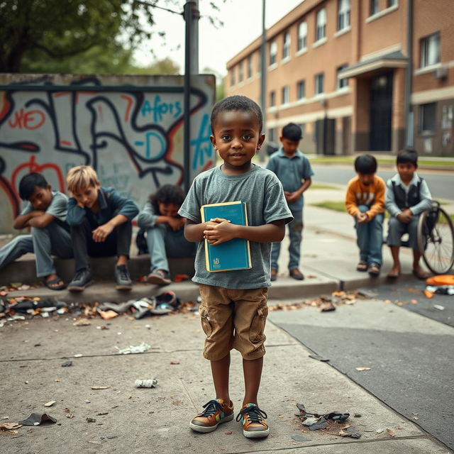 A poignant scene depicting a young child, full of determination and hope, standing apart from a group of disinterested children lounging on a street corner, showing signs of disengagement with life and struggles with drug use