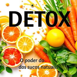 An eye-catching eBook cover featuring a vibrant arrangement of fresh fruits and vegetables like oranges, lemons, carrots, and green leafy vegetables with a splash of juice in the background