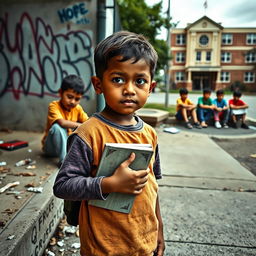 A poignant scene depicting a young child, full of determination and hope, standing apart from a group of disinterested children lounging on a street corner, showing signs of disengagement with life and struggles with drug use