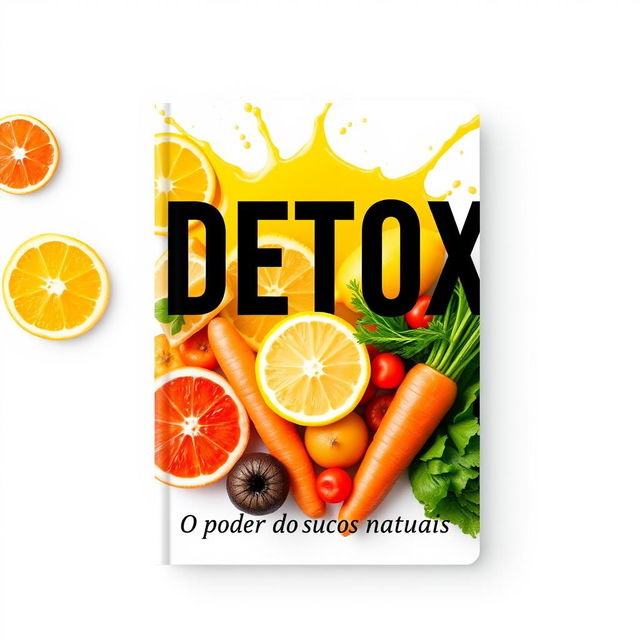 An eye-catching eBook cover featuring a vibrant arrangement of fresh fruits and vegetables like oranges, lemons, carrots, and green leafy vegetables with a splash of juice in the background