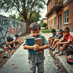 A poignant scene depicting a young child, full of determination and hope, standing apart from a group of disinterested children lounging on a street corner, showing signs of disengagement with life and struggles with drug use