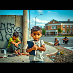 A poignant scene depicting a young child, full of determination and hope, standing apart from a group of disinterested children lounging on a street corner, showing signs of disengagement with life and struggles with drug use
