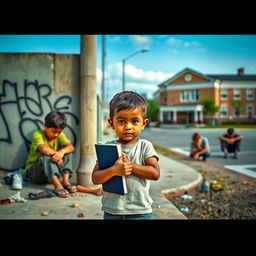 A poignant scene depicting a young child, full of determination and hope, standing apart from a group of disinterested children lounging on a street corner, showing signs of disengagement with life and struggles with drug use