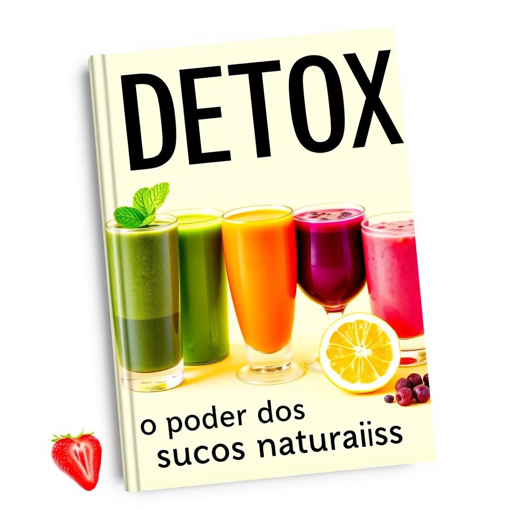 A visually appealing eBook cover showcasing a variety of glasses filled with colorful natural juices, such as orange juice, green smoothie, beet juice, and berry blend, arranged artistically on a bright background