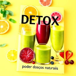 A visually appealing eBook cover showcasing a variety of glasses filled with colorful natural juices, such as orange juice, green smoothie, beet juice, and berry blend, arranged artistically on a bright background