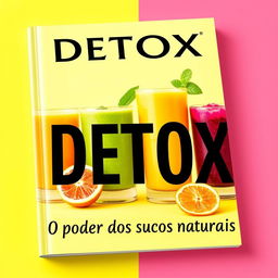 A visually appealing eBook cover showcasing a variety of glasses filled with colorful natural juices, such as orange juice, green smoothie, beet juice, and berry blend, arranged artistically on a bright background