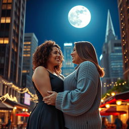 A romantic scene with a lovely lesbian couple, both plus-sized women, embracing under a bright full moon in a cityscape at night