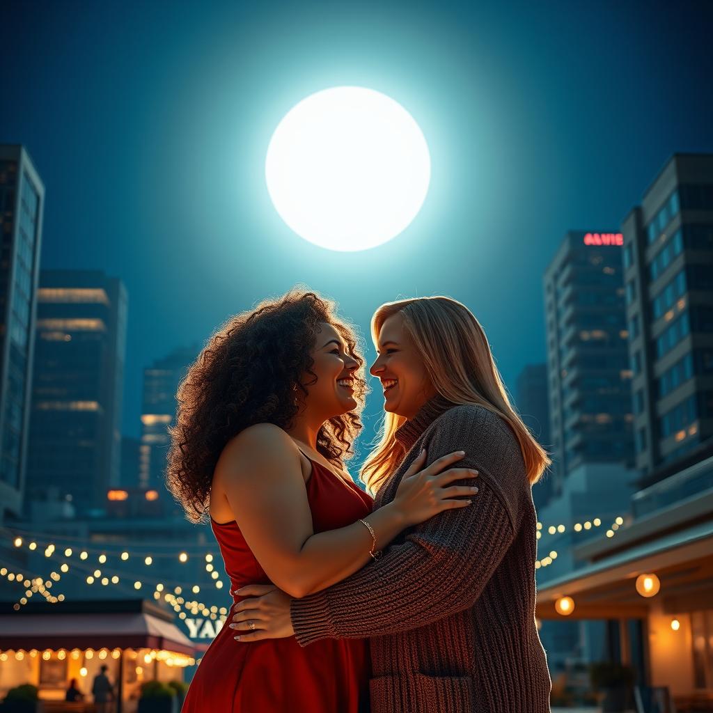 A romantic scene with a lovely lesbian couple, both plus-sized women, embracing under a bright full moon in a cityscape at night