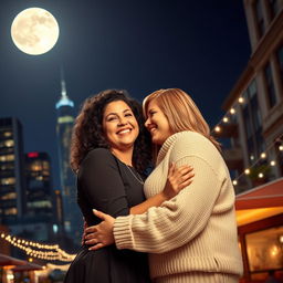 A romantic scene with a lovely lesbian couple, both plus-sized women, embracing under a bright full moon in a cityscape at night