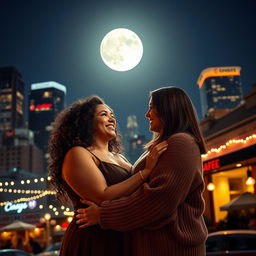 A romantic scene with a lovely lesbian couple, both plus-sized women, embracing under a bright full moon in a cityscape at night