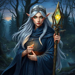 A detailed character portrait for Dungeons & Dragons, showcasing a powerful half-elf sorceress with long silver hair flowing elegantly, wearing a deep blue robe adorned with intricate silver runes