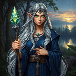 A detailed character portrait for Dungeons & Dragons, showcasing a powerful half-elf sorceress with long silver hair flowing elegantly, wearing a deep blue robe adorned with intricate silver runes