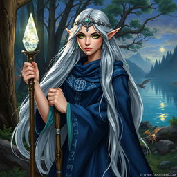 A detailed character portrait for Dungeons & Dragons, showcasing a powerful half-elf sorceress with long silver hair flowing elegantly, wearing a deep blue robe adorned with intricate silver runes