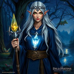 A detailed character portrait for Dungeons & Dragons, showcasing a powerful half-elf sorceress with long silver hair flowing elegantly, wearing a deep blue robe adorned with intricate silver runes