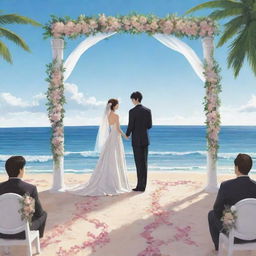 Anime-style illustration of a romantic wedding on a stunning beach, where a joyous couple are declaring their lifetime vows.