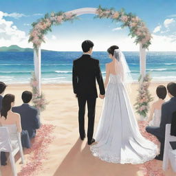 Anime-style illustration of a romantic wedding on a stunning beach, where a joyous couple are declaring their lifetime vows.