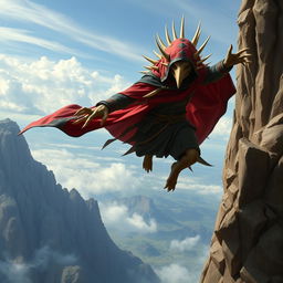 A holy echidna Dungeons & Dragons long death monk in mid-air, jumping off a dramatic cliff