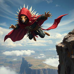 A holy echidna Dungeons & Dragons long death monk in mid-air, jumping off a dramatic cliff