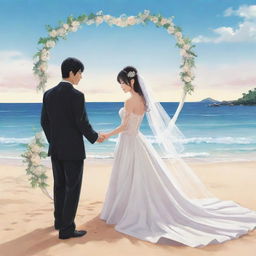 Anime-style illustration of a romantic wedding on a stunning beach, where a joyous couple are declaring their lifetime vows.