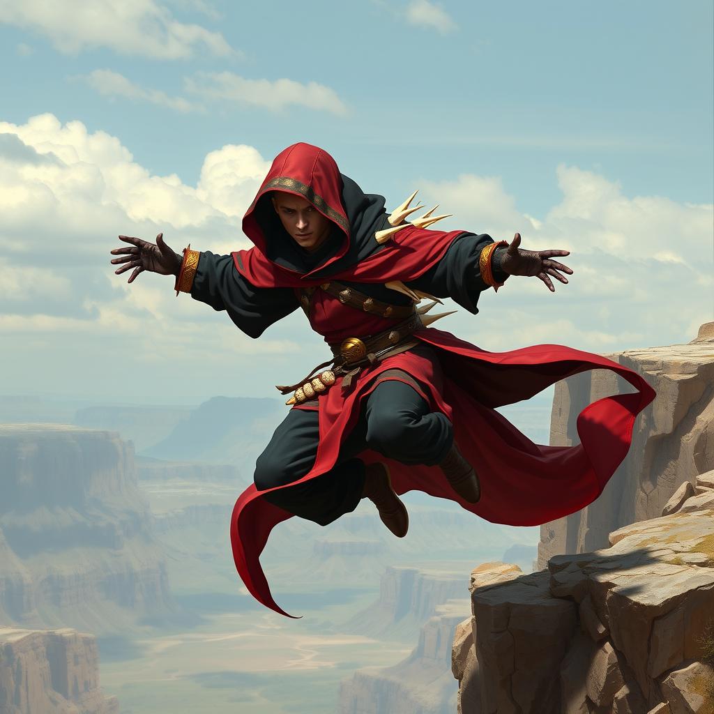 A holy echidna Dungeons & Dragons long death monk in a dynamic pose, jumping off a cliff with grace and intensity