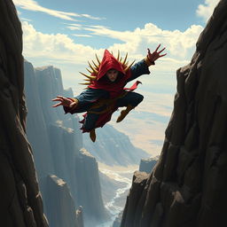 A holy echidna Dungeons & Dragons long death monk in a dynamic pose, jumping off a cliff with grace and intensity