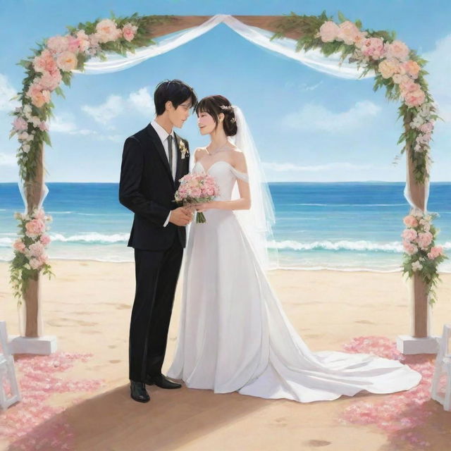 Anime-style illustration of a romantic wedding on a stunning beach, where a joyous couple are declaring their lifetime vows.