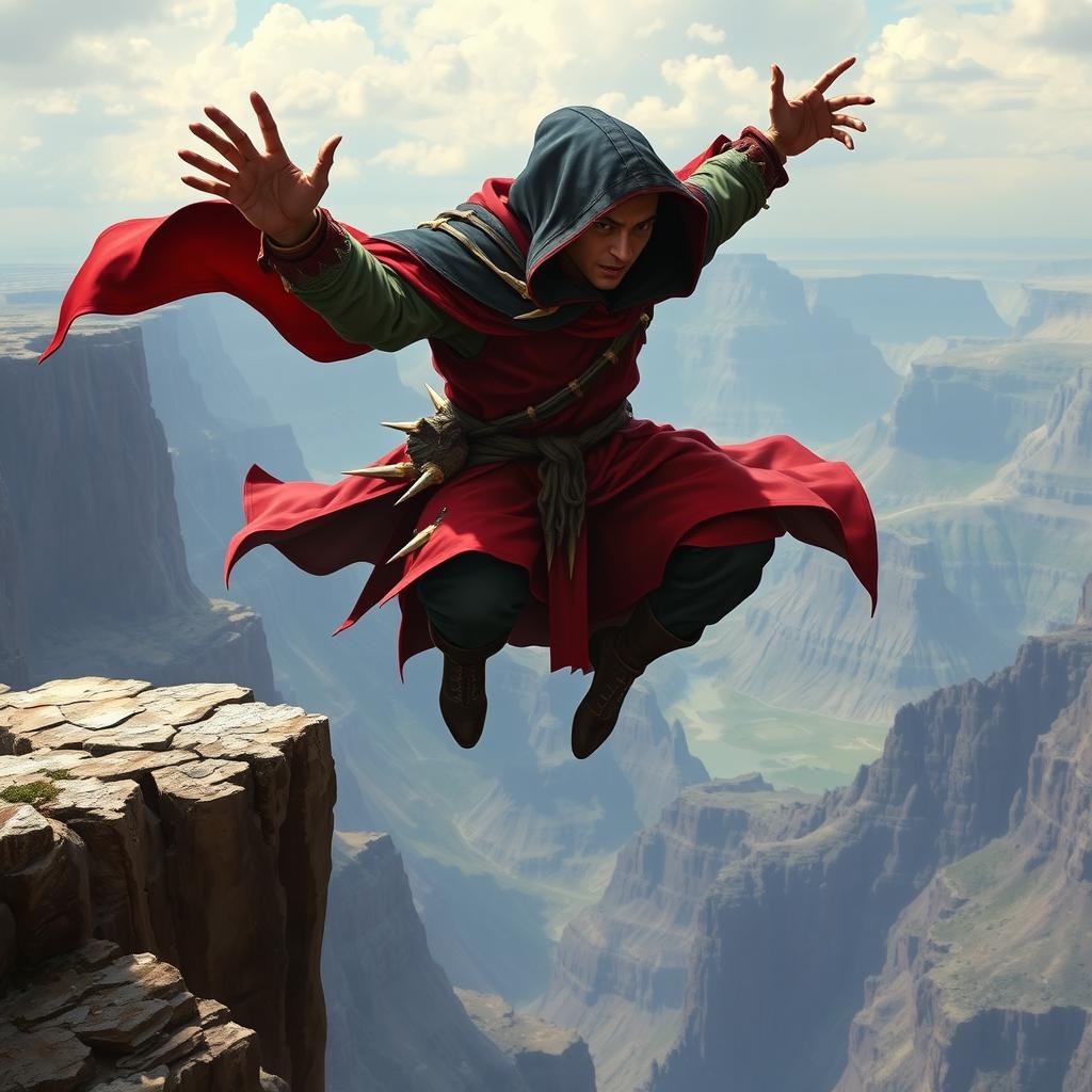 A holy echidna Dungeons & Dragons long death monk in a dynamic pose, jumping off a cliff with grace and intensity