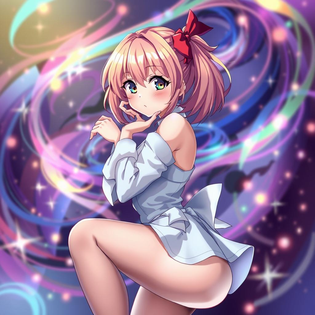 A stylized anime character, depicted as an attractive young woman with vibrant hair and expressive features, wearing elegant stockings