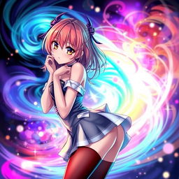 A stylized anime character, depicted as an attractive young woman with vibrant hair and expressive features, wearing elegant stockings