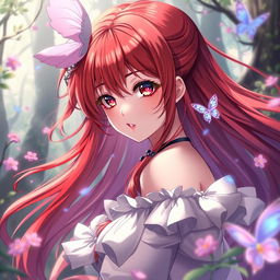 A stunning anime girl with vibrant red hair, depicted in a fantastical setting surrounded by magical elements