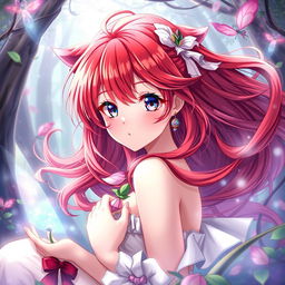 A stunning anime girl with vibrant red hair, depicted in a fantastical setting surrounded by magical elements