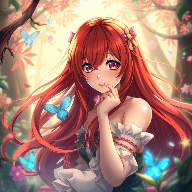 A stunning anime girl with vibrant red hair, depicted in a fantastical setting surrounded by magical elements