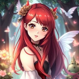 A stunning anime girl with vibrant red hair, depicted in a fantastical setting surrounded by magical elements