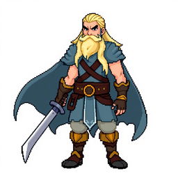 A full-body sprite of a Pokemon trainer inspired by the Norse god Njord, designed in the style of 4th generation pixel graphics for Pokemon Essentials