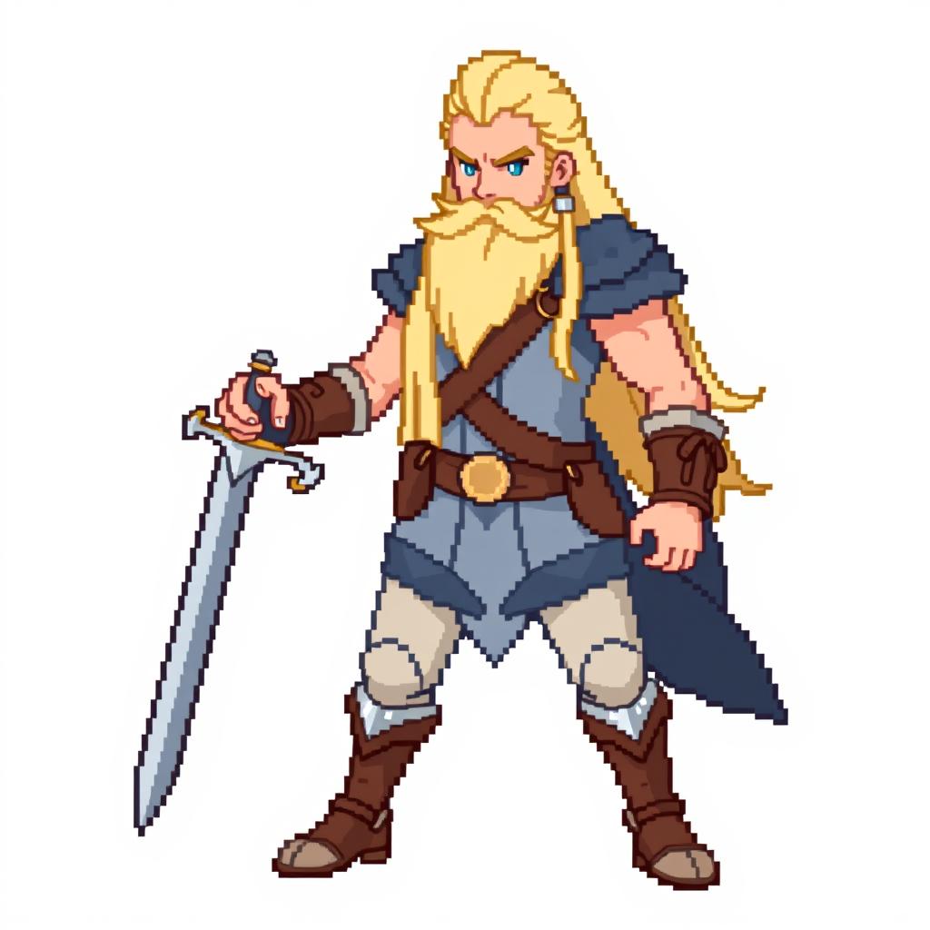 A full-body sprite of a Pokemon trainer inspired by the Norse god Njord, designed in the style of 4th generation pixel graphics for Pokemon Essentials