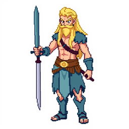 A full-body sprite of a Pokemon trainer inspired by the Norse god Njord, designed in the style of 4th generation pixel graphics for Pokemon Essentials