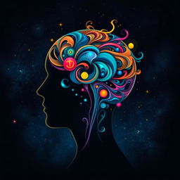 A striking representation of the power of the human mind, featuring an artistic profile of a human head, intricately filled with swirling patterns of vibrant colors and abstract shapes