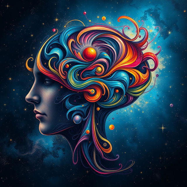 A striking representation of the power of the human mind, featuring an artistic profile of a human head, intricately filled with swirling patterns of vibrant colors and abstract shapes