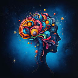 A striking representation of the power of the human mind, featuring an artistic profile of a human head, intricately filled with swirling patterns of vibrant colors and abstract shapes