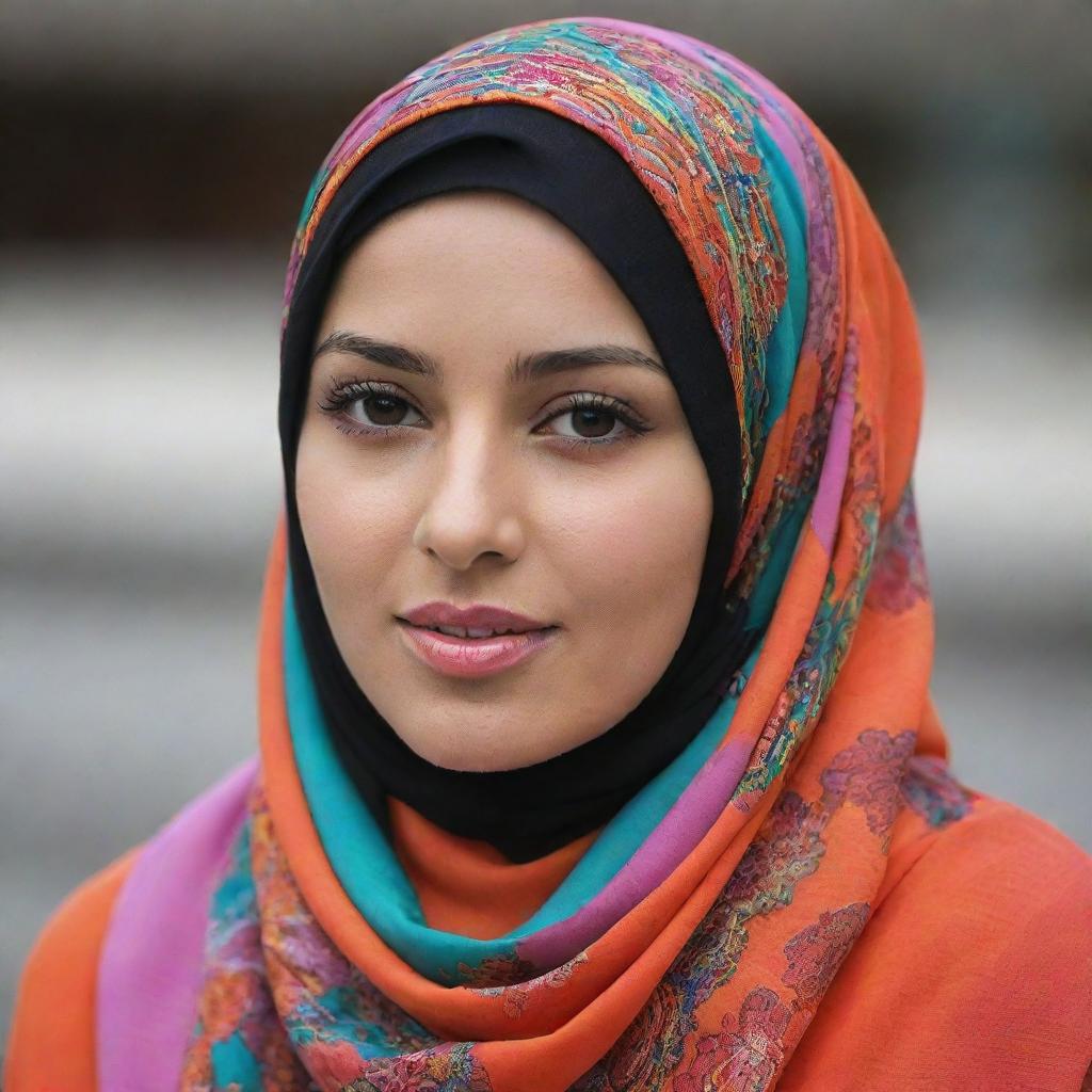 A woman wearing a beautifully designed hijab in vibrant colours, radiating elegance and respect.