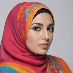 A woman wearing a beautifully designed hijab in vibrant colours, radiating elegance and respect.