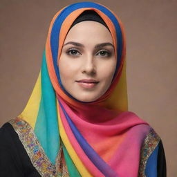 A woman wearing a beautifully designed hijab in vibrant colours, radiating elegance and respect.