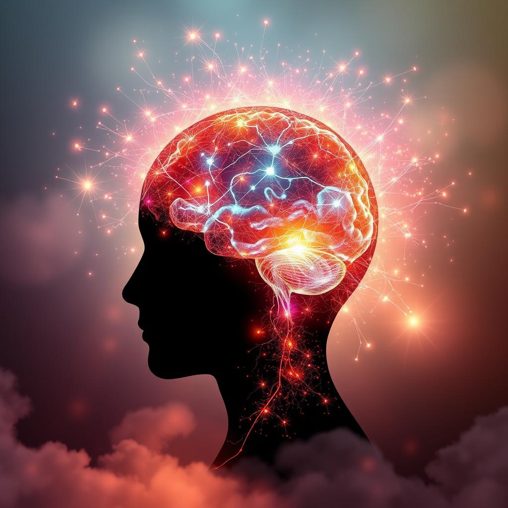 A profound visualization illustrating the power of the human mind, featuring the silhouette of a human head brimming with dynamic, colorful light