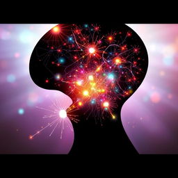 A profound visualization illustrating the power of the human mind, featuring the silhouette of a human head brimming with dynamic, colorful light